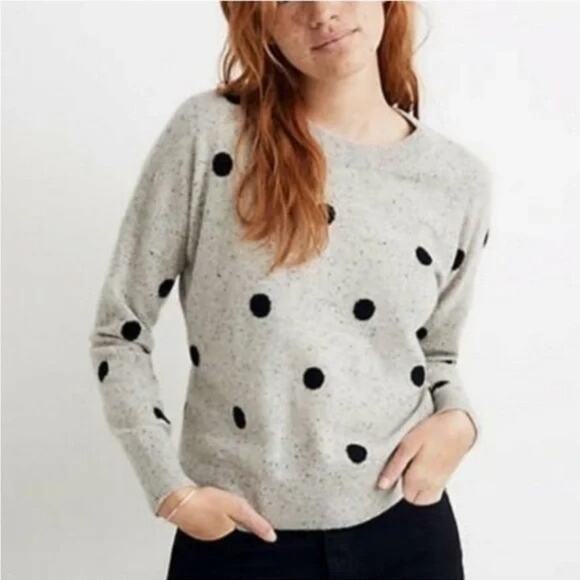 Madewell 100% Cashmere Sweater Size Small Relaxed Crewneck Polka Dot Gray Staple - Picture 1 of 12